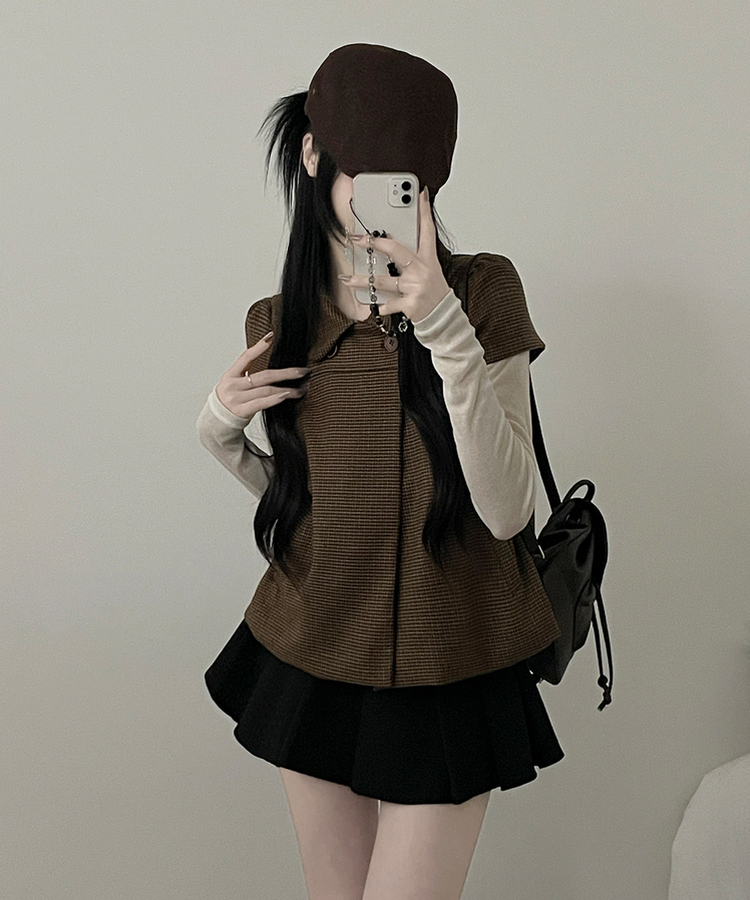 덴지브라운체크더블버튼카라버튼퍼프반팔자켓 브라운