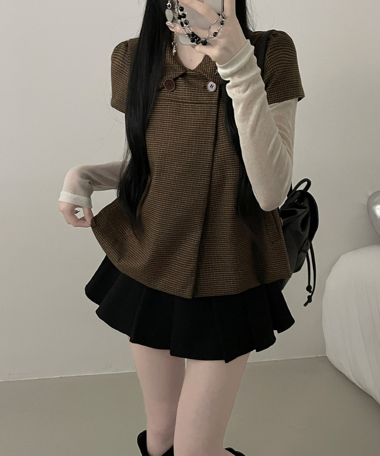 덴지브라운체크더블버튼카라버튼퍼프반팔자켓 브라운