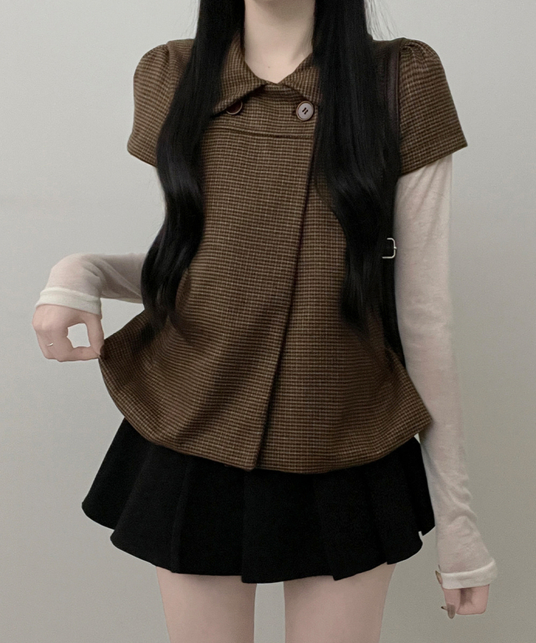 덴지브라운체크더블버튼카라버튼퍼프반팔자켓 브라운