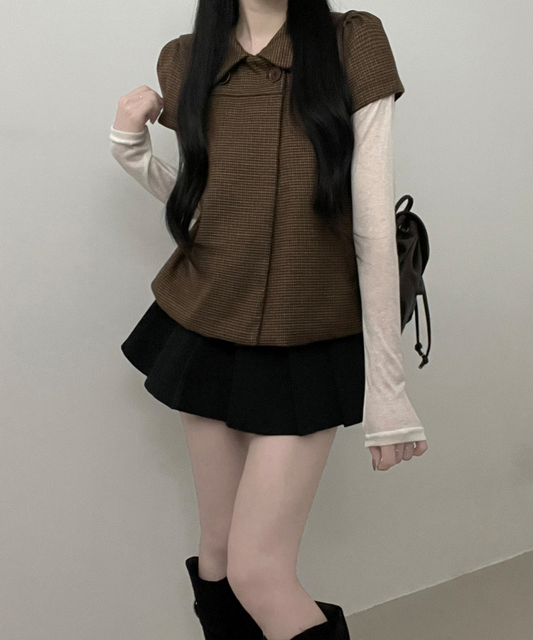 덴지브라운체크더블버튼카라버튼퍼프반팔자켓 브라운