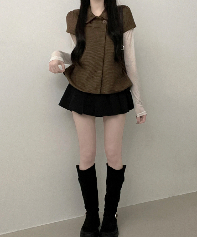 덴지브라운체크더블버튼카라버튼퍼프반팔자켓 브라운