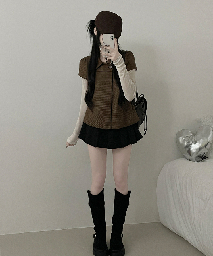 덴지브라운체크더블버튼카라버튼퍼프반팔자켓 브라운