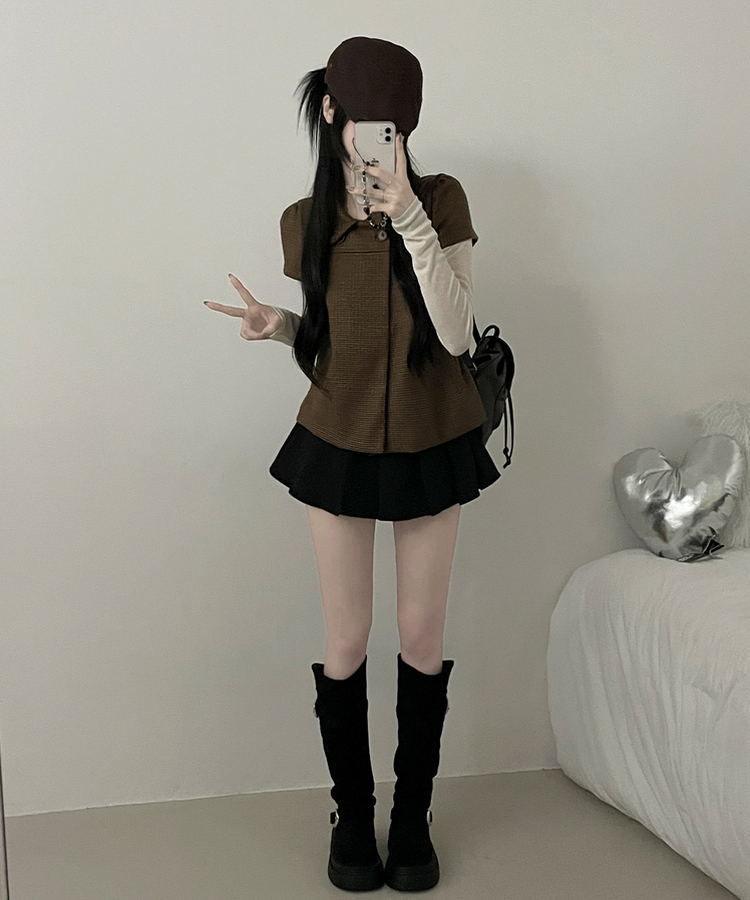 덴지브라운체크더블버튼카라버튼퍼프반팔자켓 브라운