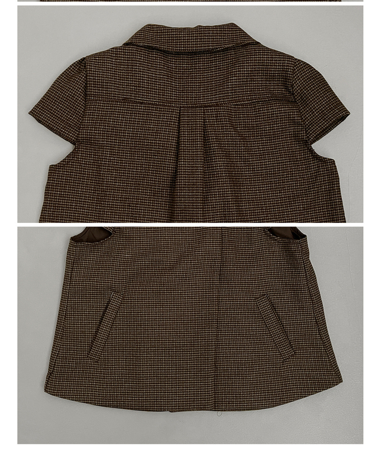 덴지브라운체크더블버튼카라버튼퍼프반팔자켓