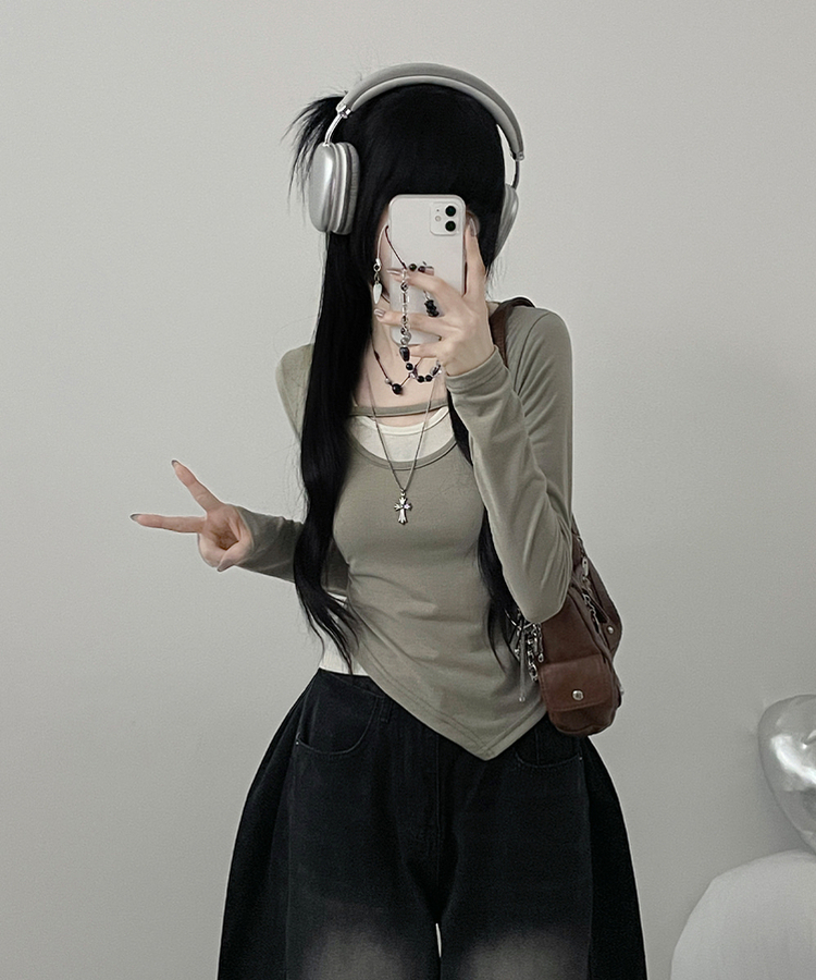 쿠미리본끈홀터넥나시유넥언발사선긴팔세트 연카키