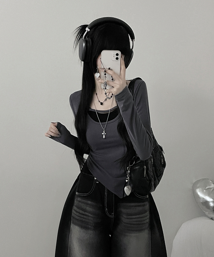 쿠미리본끈홀터넥나시유넥언발사선긴팔세트 먹색