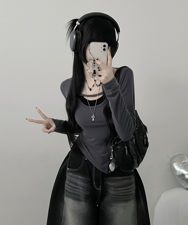 쿠미리본끈홀터넥나시유넥언발사선긴팔세트 먹색