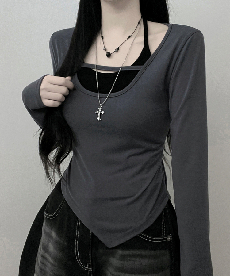 쿠미리본끈홀터넥나시유넥언발사선긴팔세트 먹색