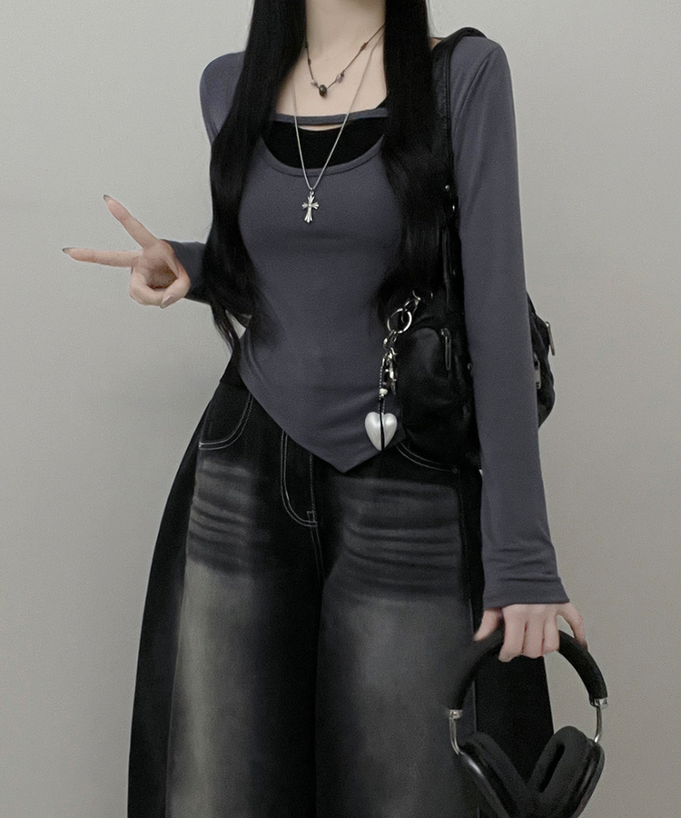 쿠미리본끈홀터넥나시유넥언발사선긴팔세트 먹색