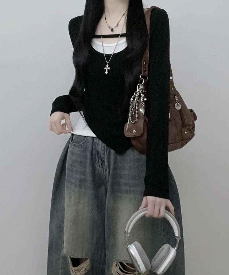 쿠미리본끈홀터넥나시유넥언발사선긴팔세트 블랙