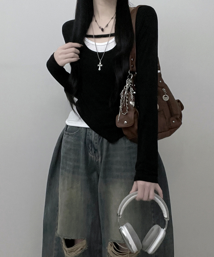 쿠미리본끈홀터넥나시유넥언발사선긴팔세트 블랙