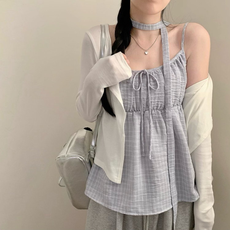 보니 체크 끈나시 긴팔 가디건 세트 머플러 초커끈 세트 모리걸 봄 봄옷 여름 여름옷 상의 화이트