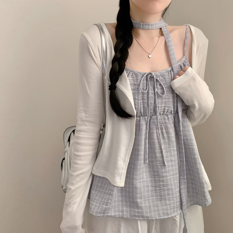 보니 체크 끈나시 긴팔 가디건 세트 머플러 초커끈 세트 모리걸 봄 봄옷 여름 여름옷 상의 화이트