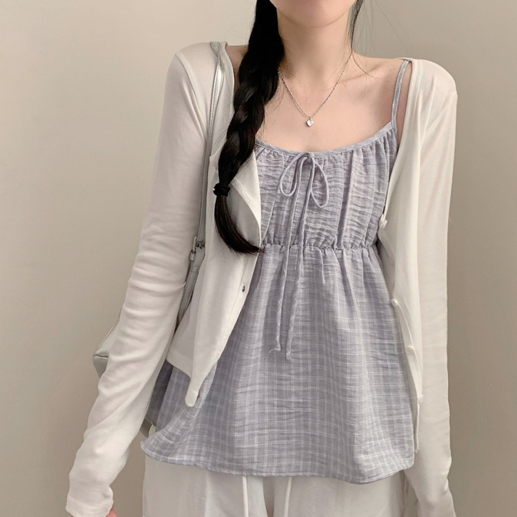 보니 체크 끈나시 긴팔 가디건 세트 머플러 초커끈 세트 모리걸 봄 봄옷 여름 여름옷 상의 화이트