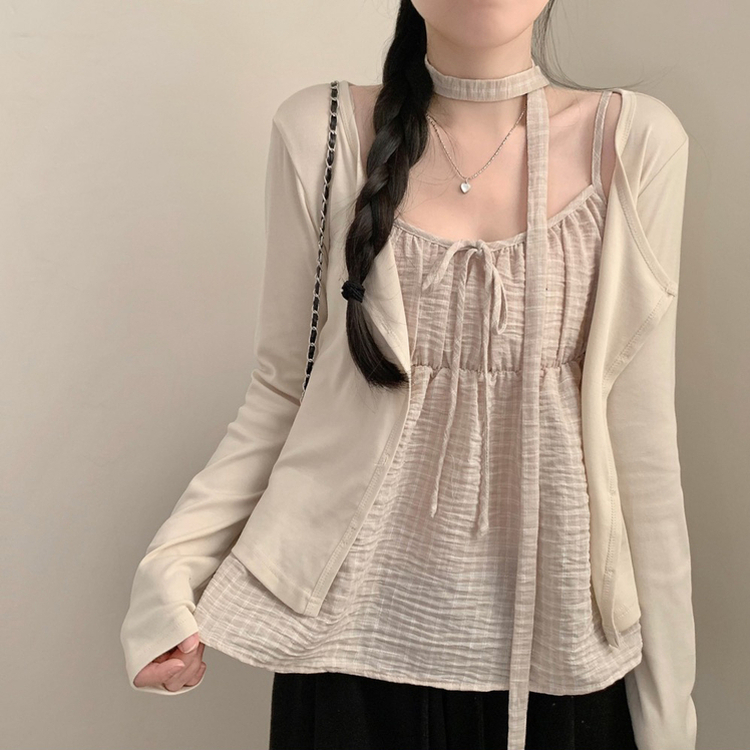 보니 체크 끈나시 긴팔 가디건 세트 머플러 초커끈 세트 모리걸 봄 봄옷 여름 여름옷 상의 베이지