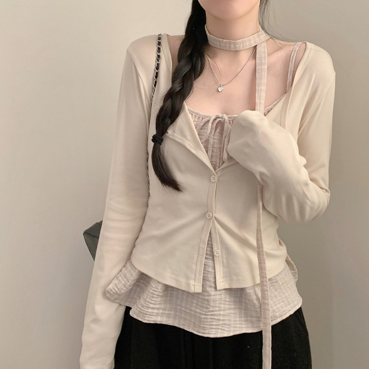 보니 체크 끈나시 긴팔 가디건 세트 머플러 초커끈 세트 모리걸 봄 봄옷 여름 여름옷 상의 베이지