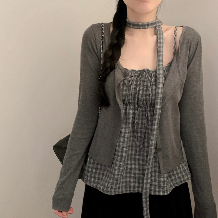 보니 체크 끈나시 긴팔 가디건 세트 머플러 초커끈 세트 모리걸 봄 봄옷 여름 여름옷 상의 그레이