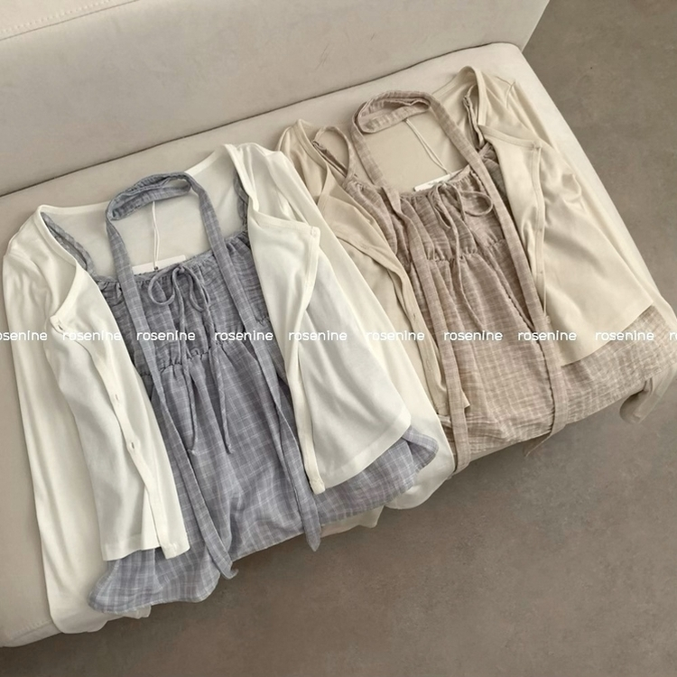 보니 체크 끈나시 긴팔 가디건 세트 머플러 초커끈 세트 모리걸 봄 봄옷 여름 여름옷 상의