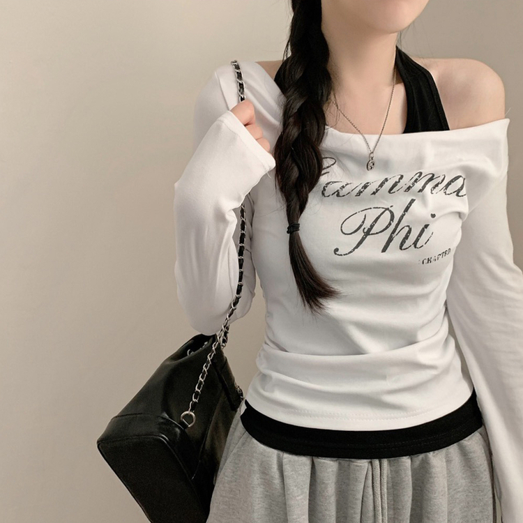 바인 홀터넥 레이어드 드레이프 오프숄더 원숄더 긴팔티 상의 긴팔 티셔츠 롱슬리브 봄 봄옷 가을 가을옷 y2k 빈티지  곤색