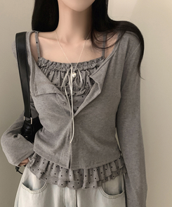 【SET】リボンフリルキャミソール＋カーディガン GREY