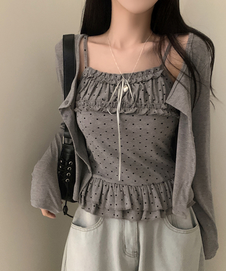 【SET】リボンフリルキャミソール＋カーディガン GREY