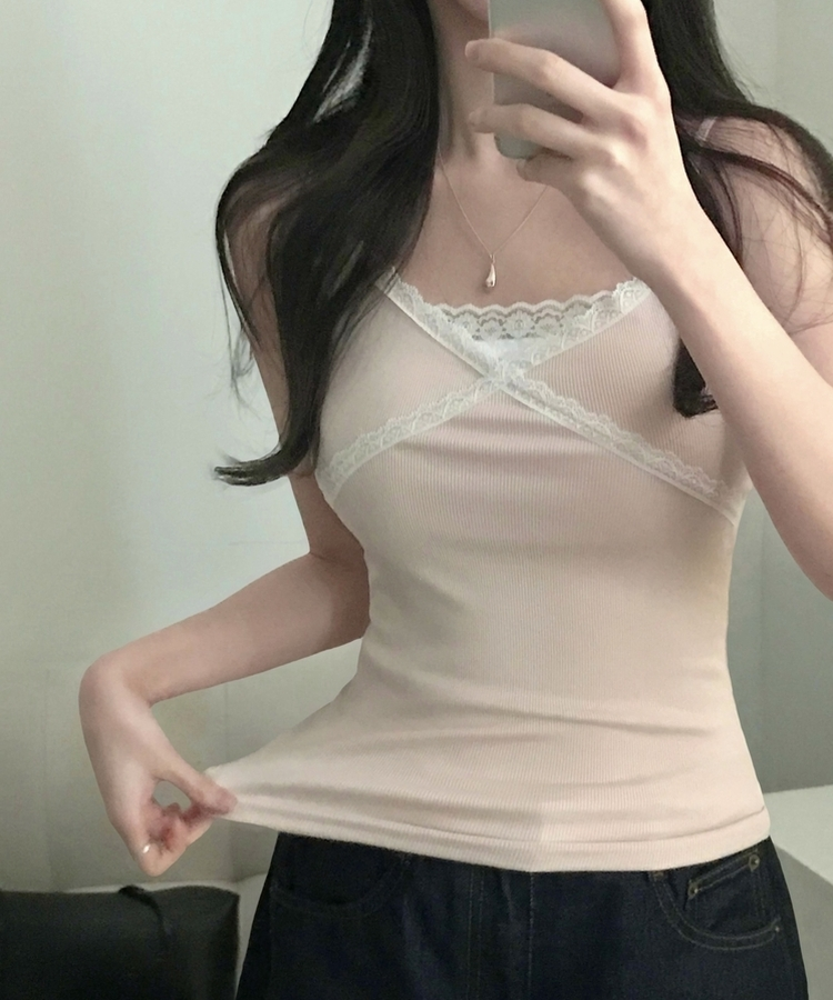 로아베 레이스 슬리브리스 끈나시 10color 핑크