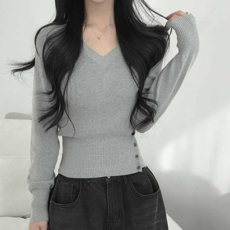 サイドボタンVネックスリムニット(5color) GREY