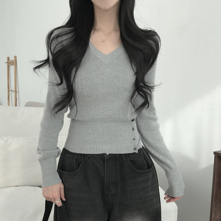 サイドボタンVネックスリムニット(5color) GREY