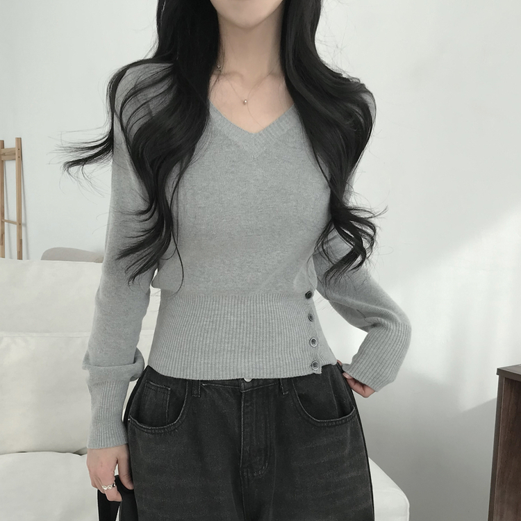 サイドボタンVネックスリムニット(5color) GREY