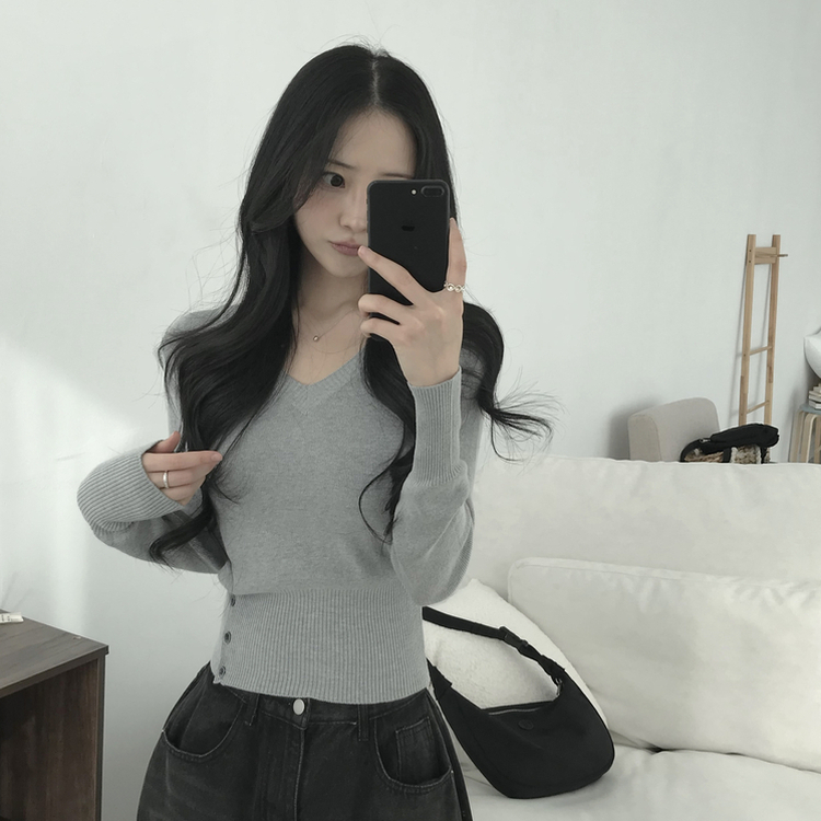 サイドボタンVネックスリムニット(5color) GREY