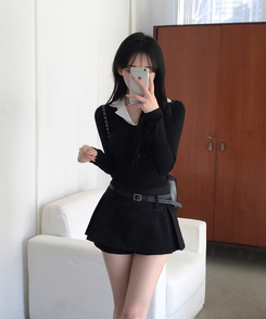 키포 벨트세트 플리츠 미니스커트 페미닌 클래식 치마바지 블랙