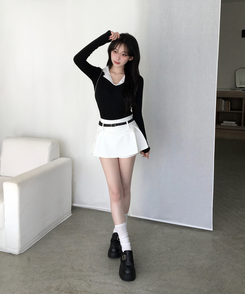 키포 벨트세트 플리츠 미니스커트 페미닌 클래식 치마바지 화이트