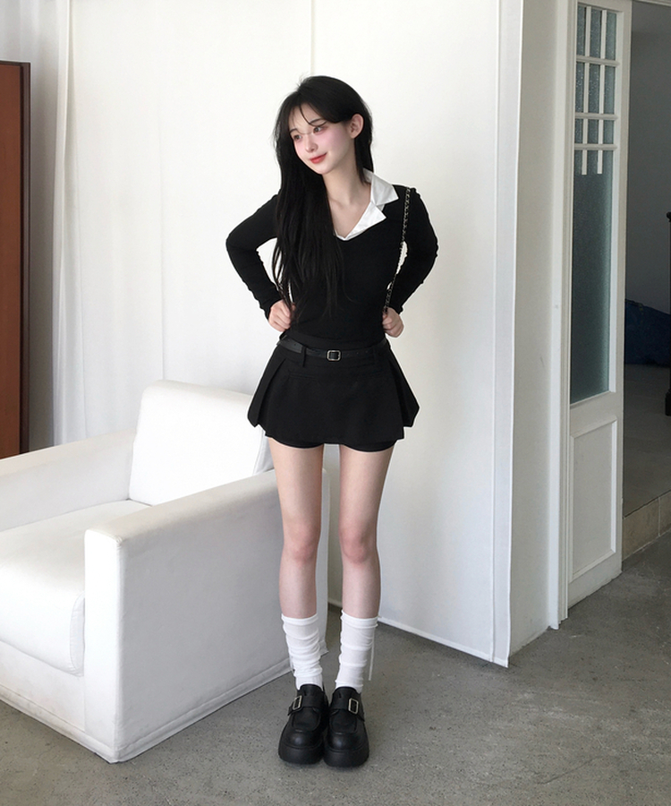 키포 벨트세트 플리츠 미니스커트 페미닌 클래식 치마바지 블랙