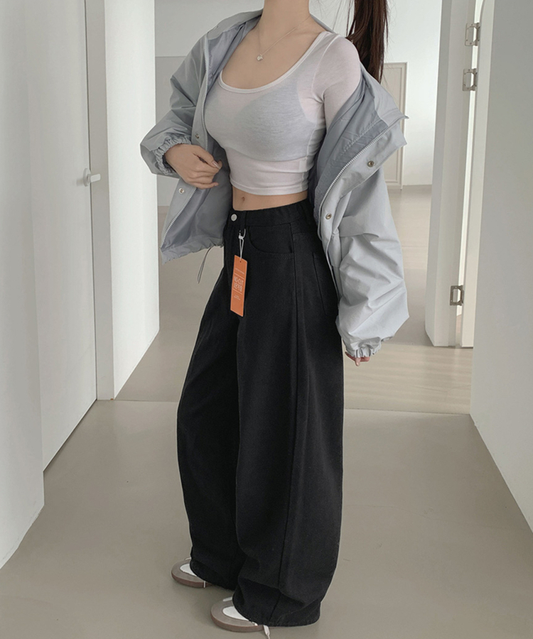 3XL밴딩 세미 와이드 코튼 4계절 면팬츠 블랙