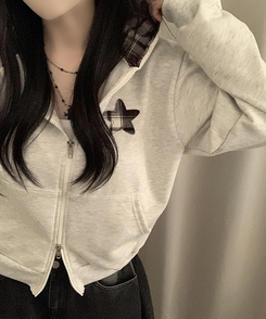 スターチェックフードルーズジップアップ OATMEAL