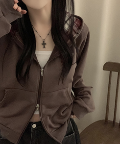 スターチェックフードルーズジップアップ CHESTNUT BROWN