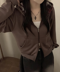 スターチェックフードルーズジップアップ CHESTNUT BROWN