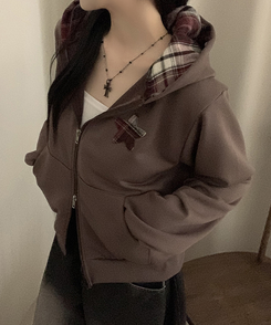 スターチェックフードルーズジップアップ CHESTNUT BROWN