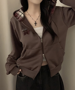 スターチェックフードルーズジップアップ CHESTNUT BROWN