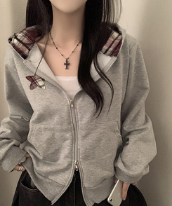 スターチェックフードルーズジップアップ MELANGE