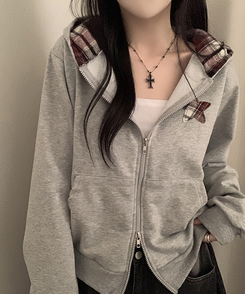 スターチェックフードルーズジップアップ MELANGE