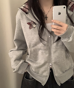 スターチェックフードルーズジップアップ MELANGE