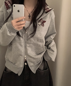 スターチェックフードルーズジップアップ MELANGE