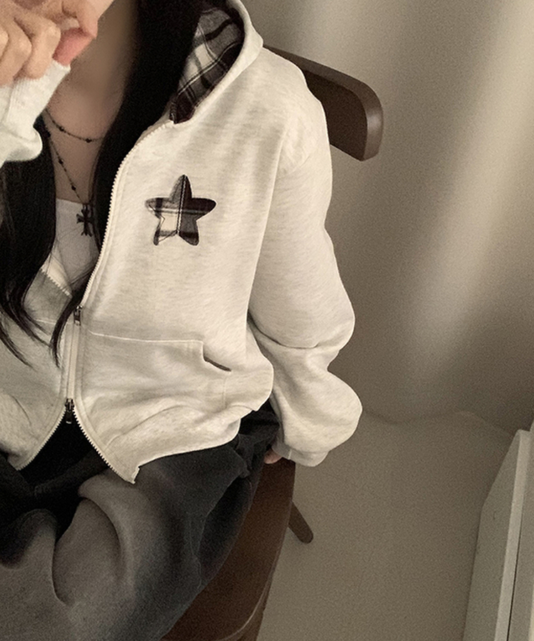 スターチェックフードルーズジップアップ OATMEAL