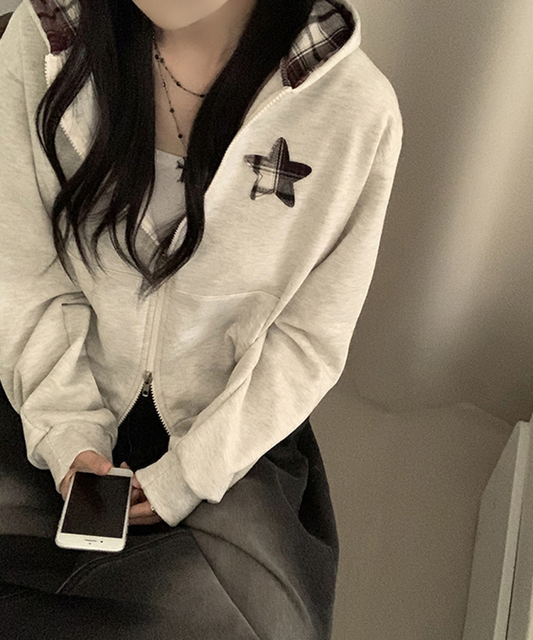 スターチェックフードルーズジップアップ OATMEAL