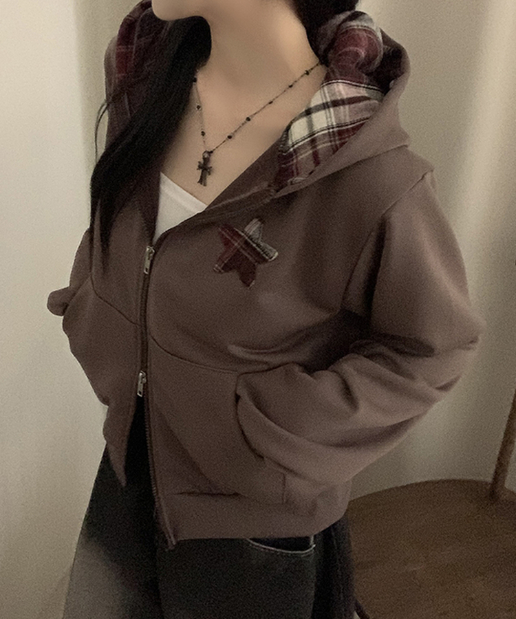 スターチェックフードルーズジップアップ CHESTNUT BROWN