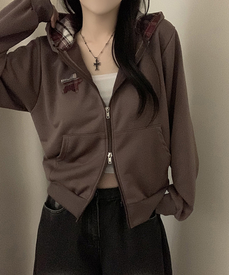スターチェックフードルーズジップアップ CHESTNUT BROWN