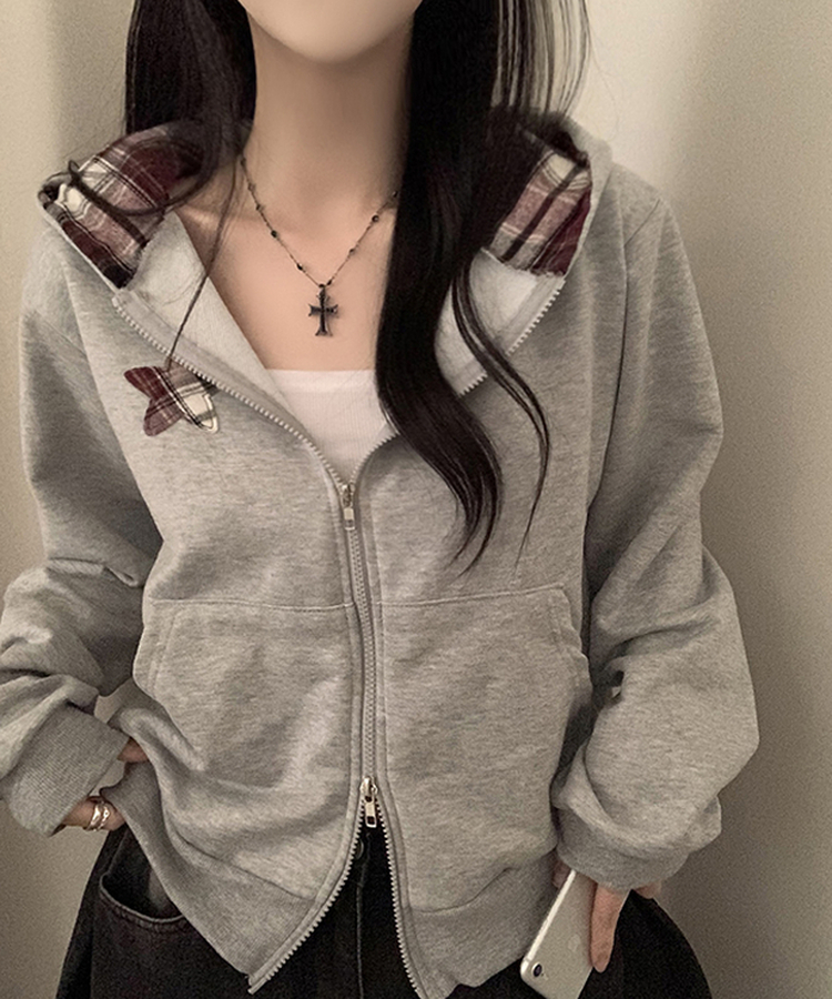 スターチェックフードルーズジップアップ MELANGE