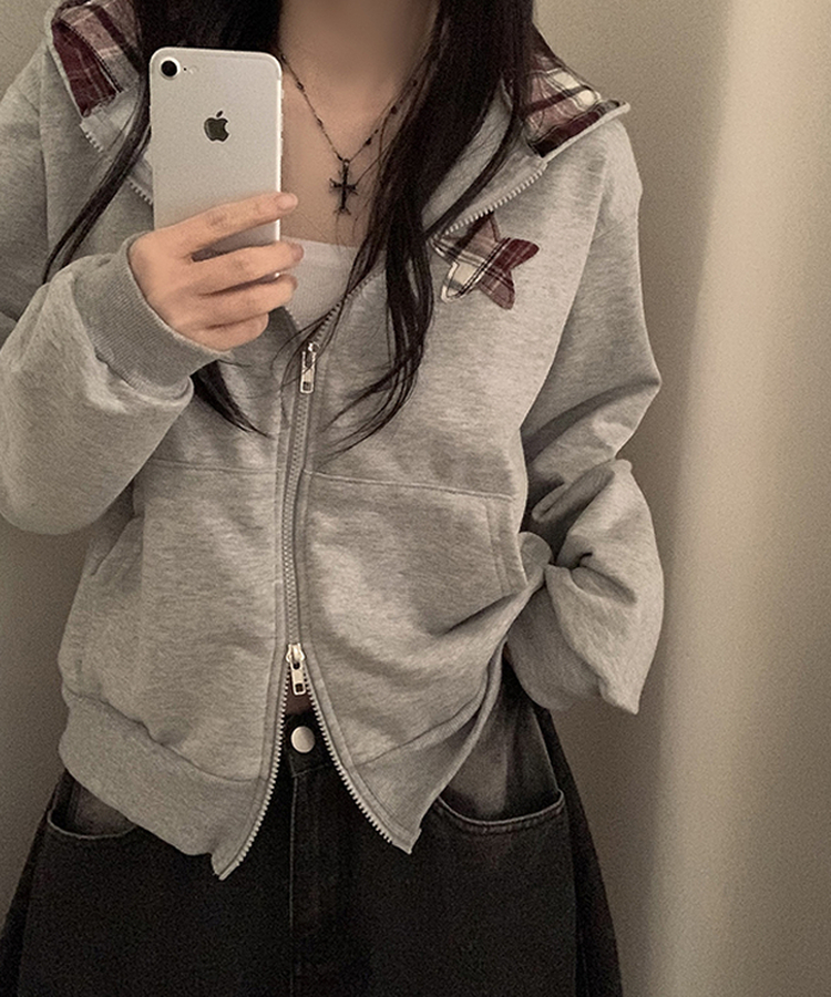 スターチェックフードルーズジップアップ MELANGE