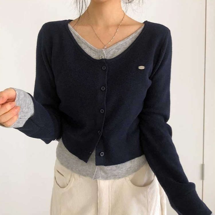 レイヤードバイカラーペンダントカーディガン NAVY